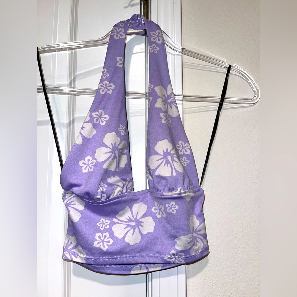 Purple and white flower detail halter top